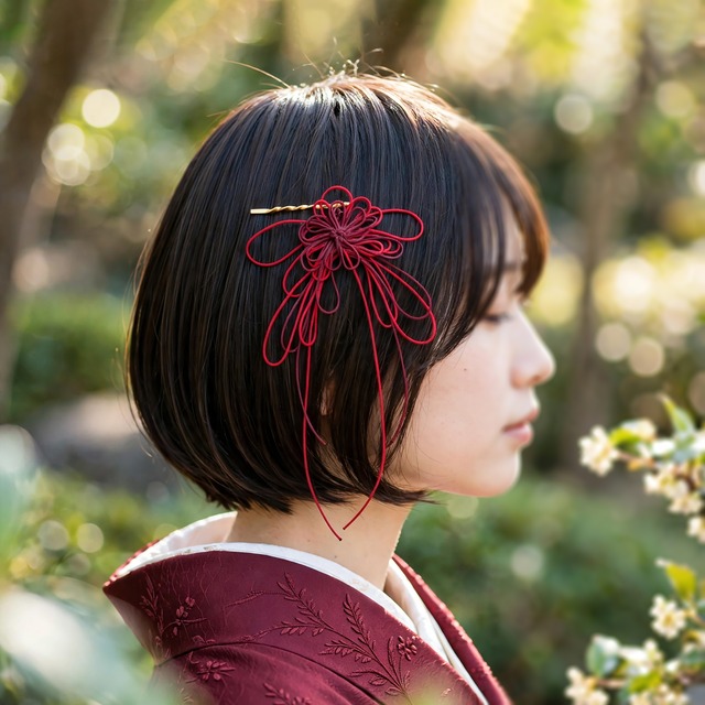 飾り結びヘアピン「瞠り、あざや」（臙脂×赤）【軽量快適】ショートヘアも簡単和風アレンジ。