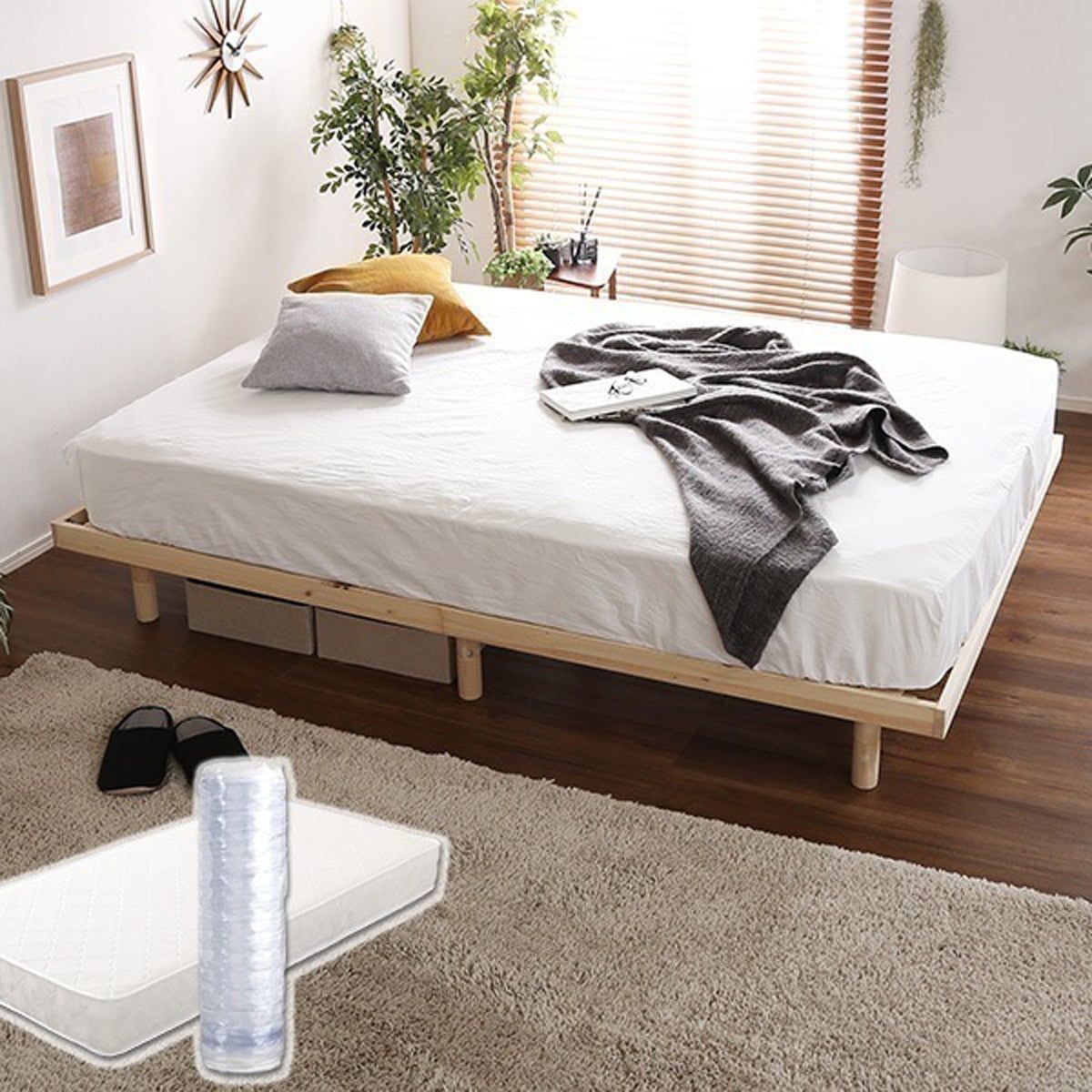 3段階高さ調節 国産総檜脚付きすのこベッド Pierna-ピエルナ- ポケットコイルロールマットレス ダブル