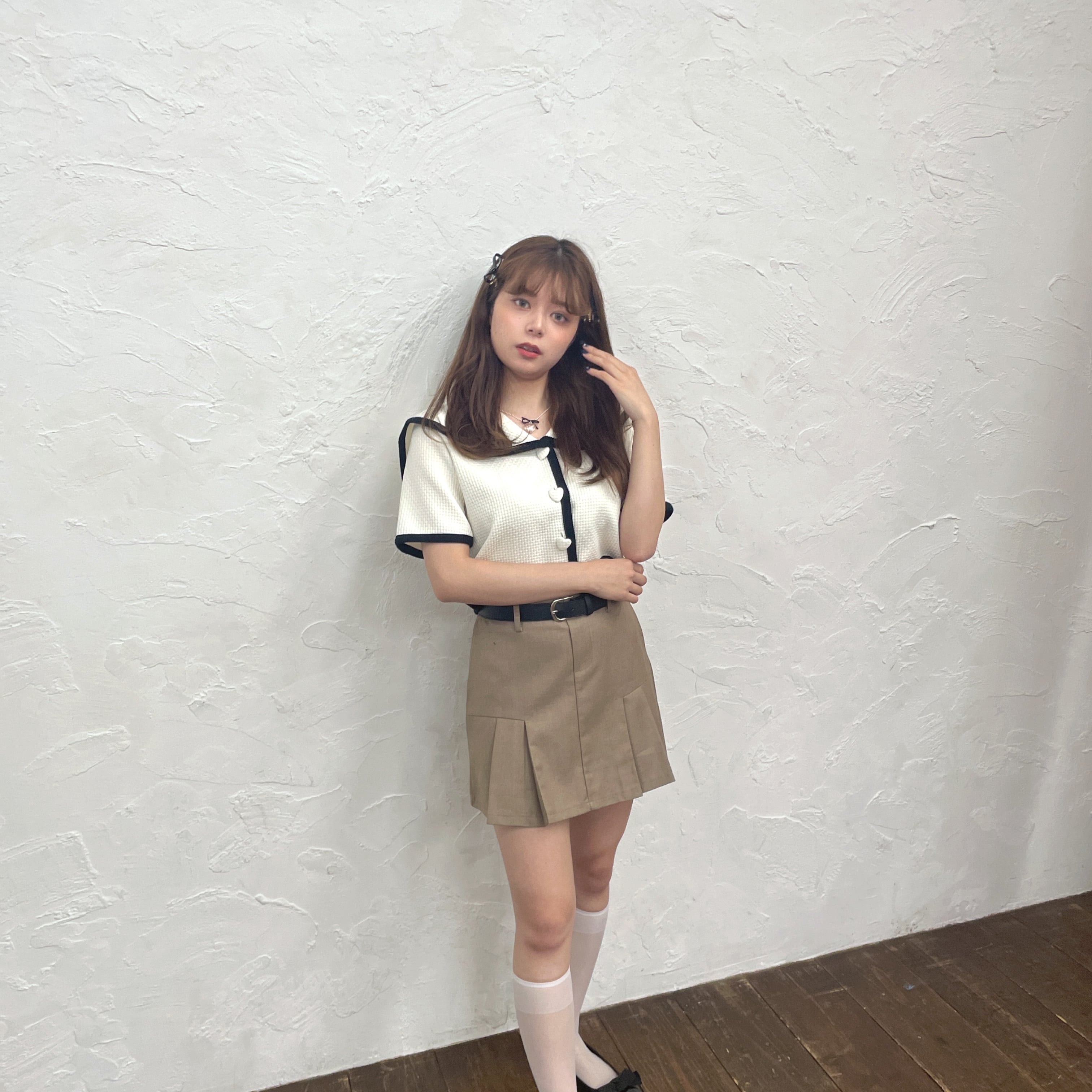 【LAST2】tuck pleats belt skirt-BROWN