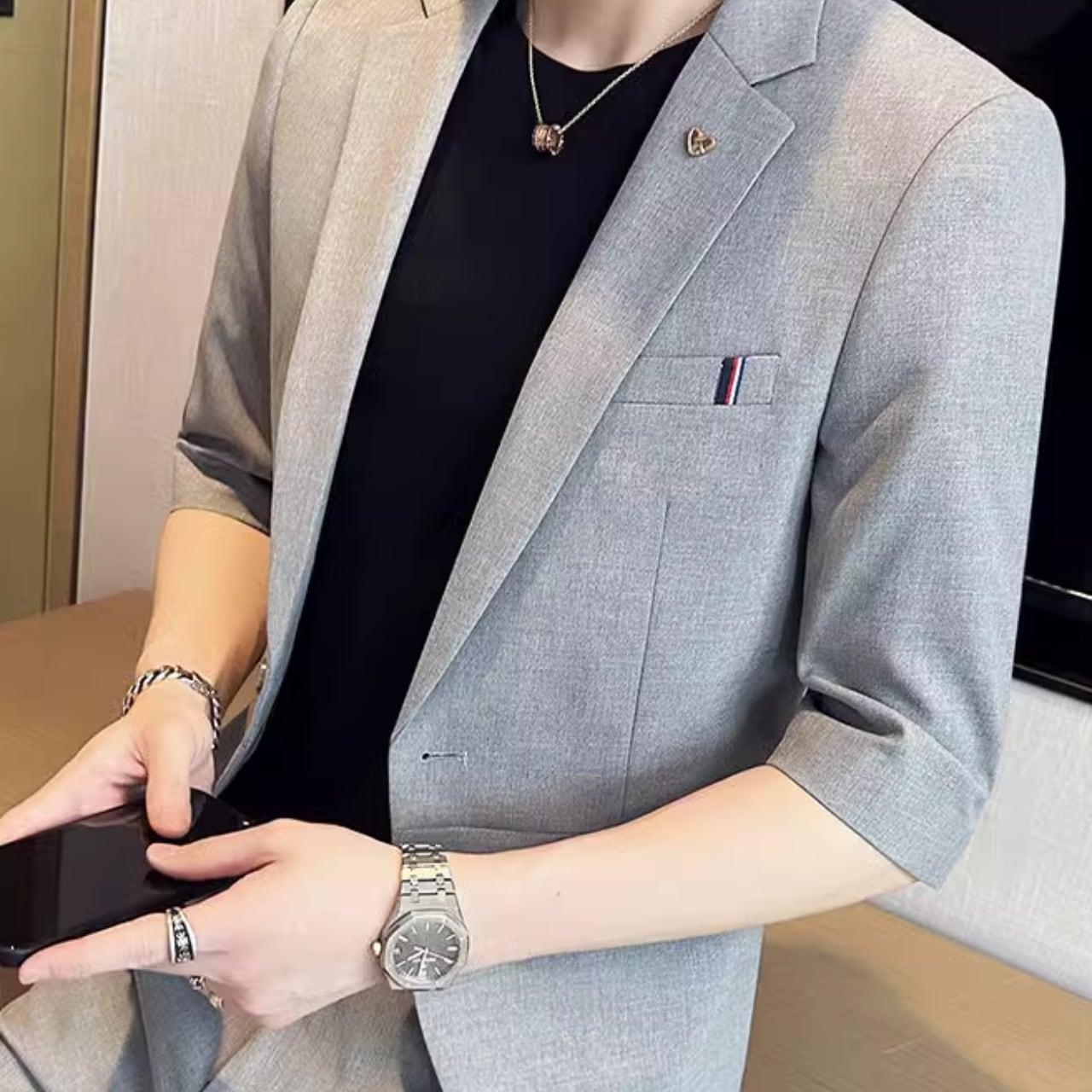 7分丈カジュアルスーツ ジャケットandパンツ(4color)M0203