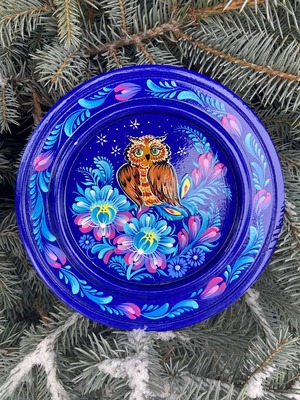 ペトリキウカ塗りのプレート 梟（ティモシェンコ作）20cm