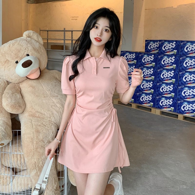 【新作】【送料無料】 ポロカラードレス女性のための春と夏の 2023 新しいウエスト痩身スリム甘くてスパイシーな半袖スカート 0251314904411