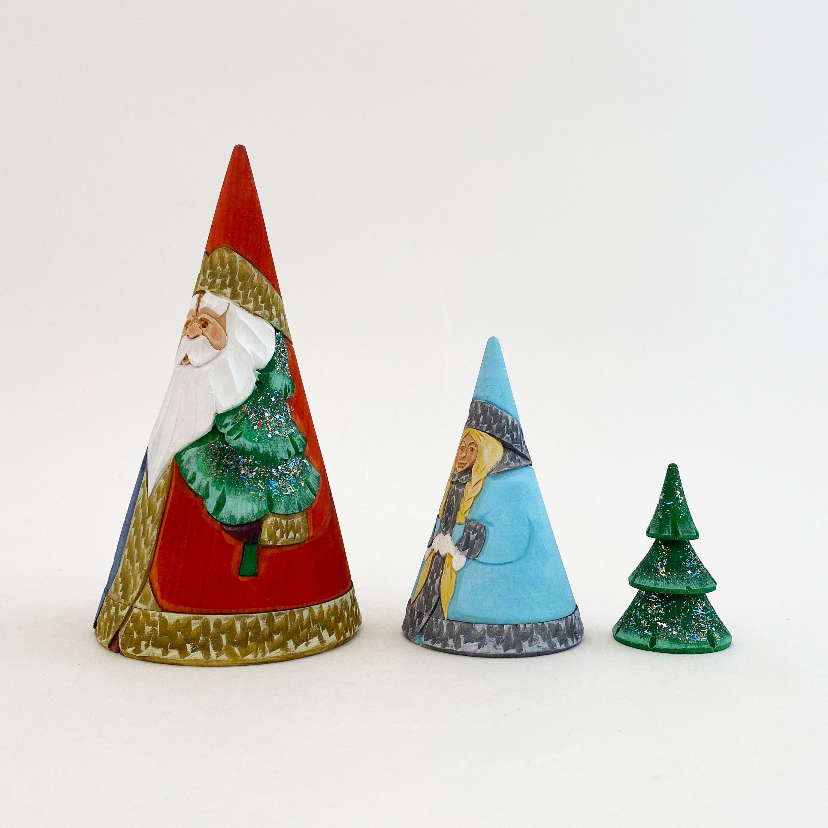 サンタ/ジェドマロース 木彫マトリョーシカ/円錐型(コブロフ工房/3個組)