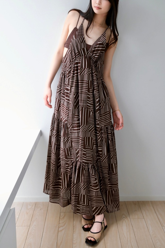 Striped Print Paneled Dress ストライププリント切替ワンピース Brown