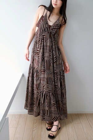 Striped Print Paneled Dress ストライププリント切替ワンピース Brown