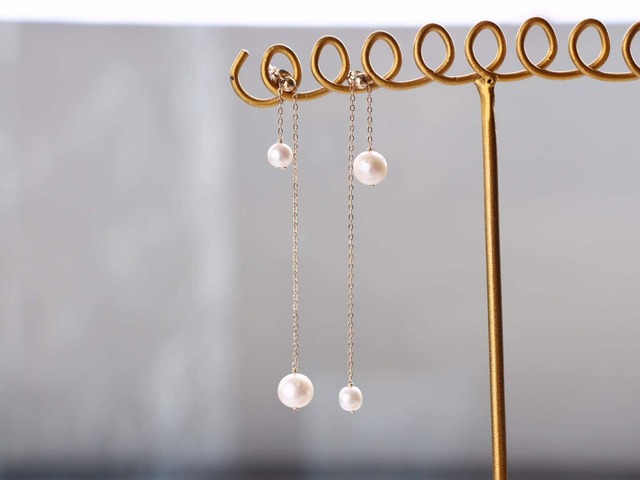 14kgf- Adjustable twin pearl pierced earrings