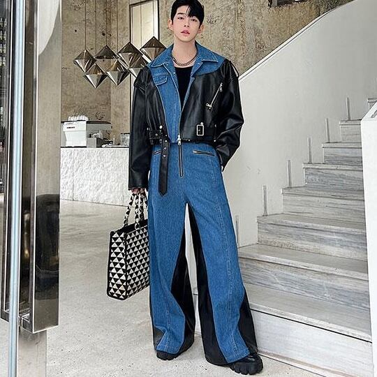 予約販売】メンズ セットアップ 上下 長袖 デニム 異素材 レザー