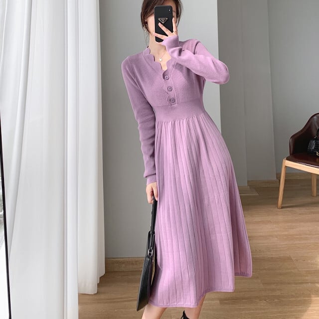 ワンピース レディース ニットワンピ リブワンピ ハイウエスト くびれ 長袖 ミモレ丈 ひざ下丈 ブラック/パープル/アプリコット S/M/L/XL