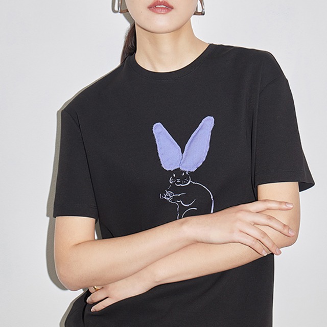 Rabbitプリントクルーネック半袖Tシャツ（kai0560）