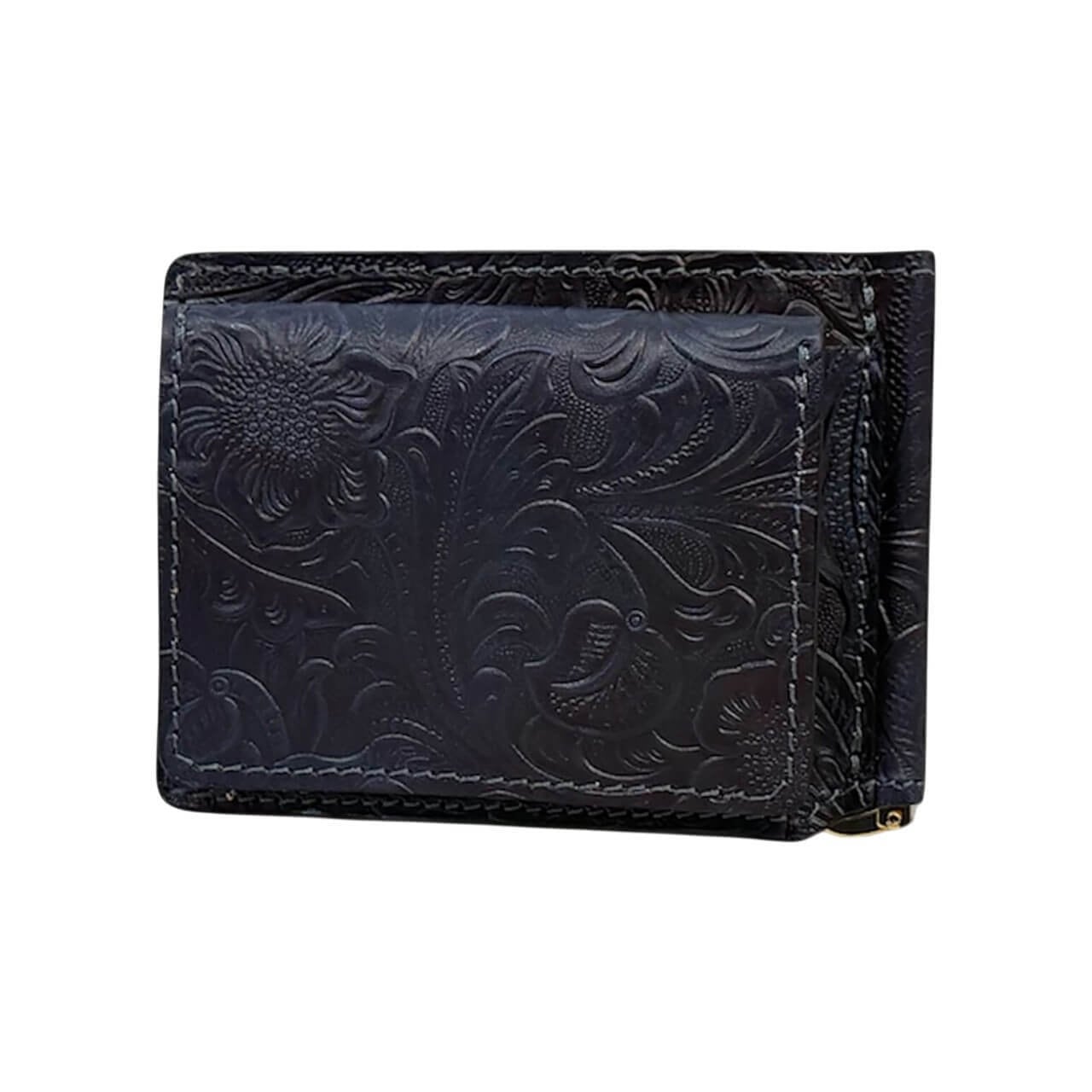 『値下げ中』黒レザー マネークリップウォレット Re-ACT / Indigo Flower Money Clip Wallet - 藍染レザー(フラワー