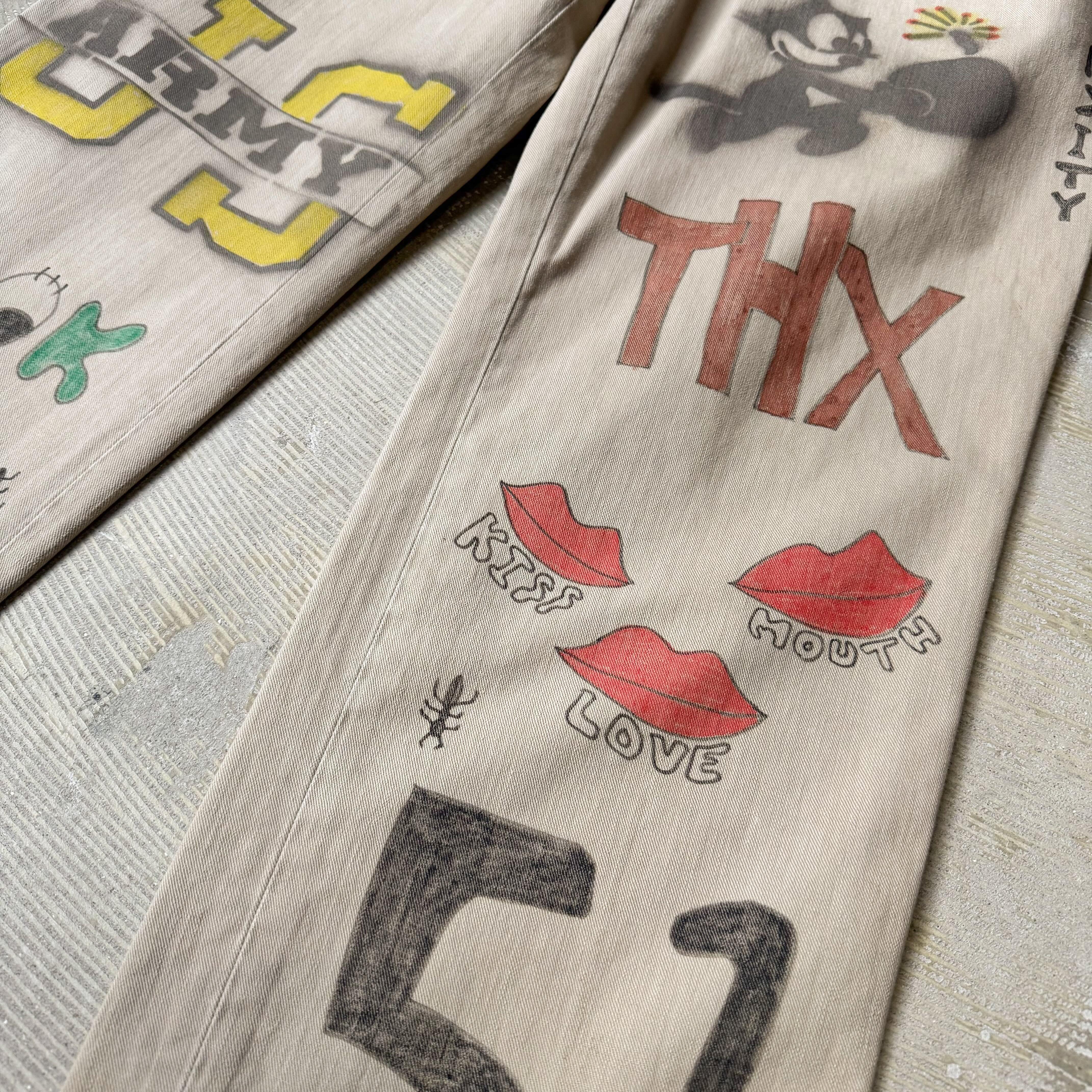 HAND PAINTED ART STENCIL MEMORIAL PANTS / ハンド ペイント アート