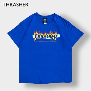 【THRASHER】フレイムロゴ Tシャツ スラッシャー スケボー ボード LARGE プリント ブルー 半袖 夏物 US古着