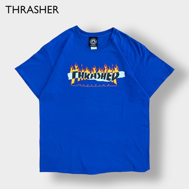 【THRASHER】フレイムロゴ Tシャツ スラッシャー スケボー ボード LARGE プリント ブルー 半袖 夏物 US古着