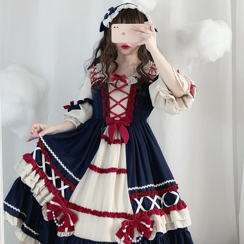 甘ロリ 可愛い ワンピ ハイウエスト クロス編み上げ 袖コンシャス