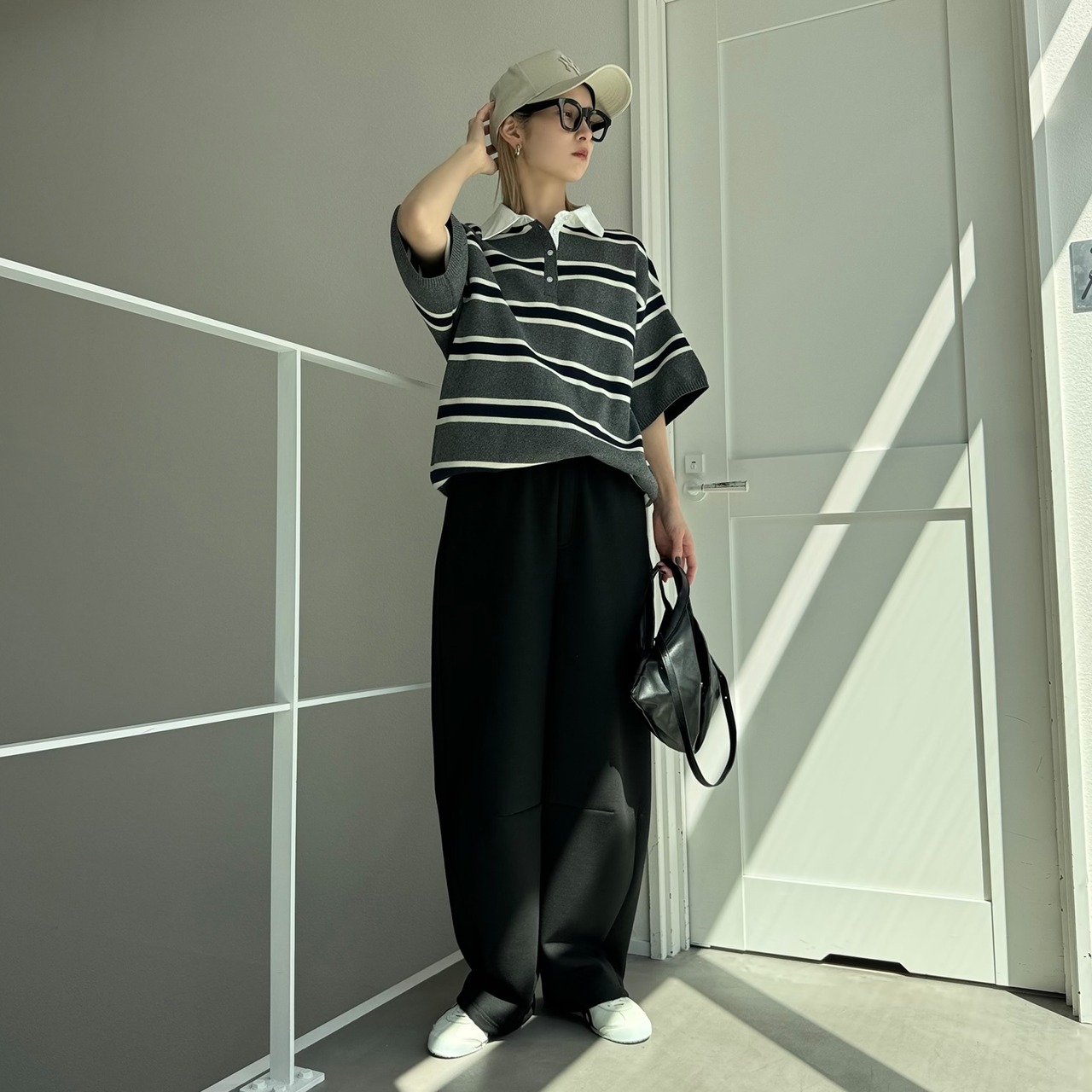 襟付半袖シャツknit/ボーダー