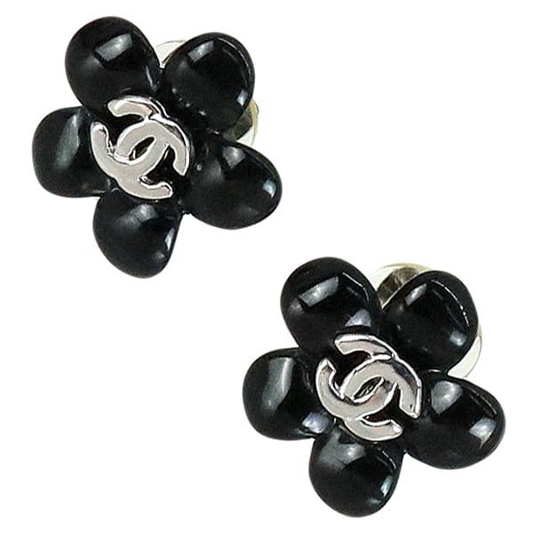 Used CHANEL シャネル カメリア ココマーク イヤリング フラワー シルバー ブラック 05P 中古美品