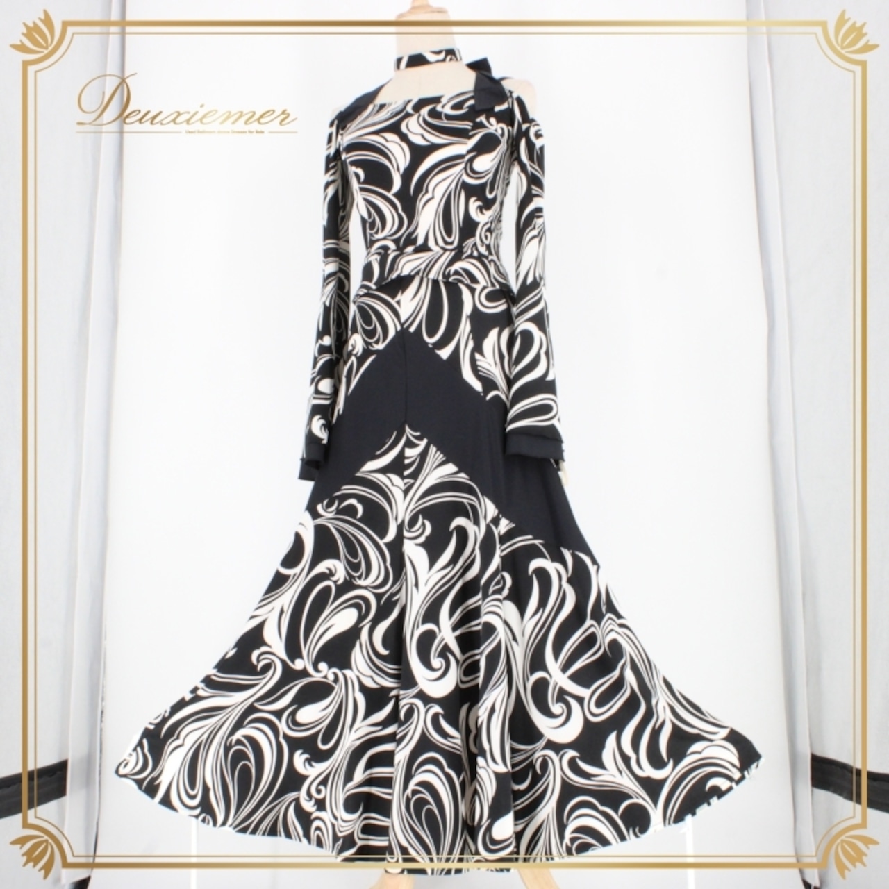 社交ダンス 衣装 スタンダード 上下セット ツーピース パーティ衣装 白 黒 サン・ヨシムラ ホワイト系 ブラック系 長袖 ホルターネック モダンダンス セットアップ ダンスドレス おしゃれ 女性用 派手 シンプル ストレッチ 体型カバー サイズM 高品質 日本製 パーティー カジュアル フォーマル