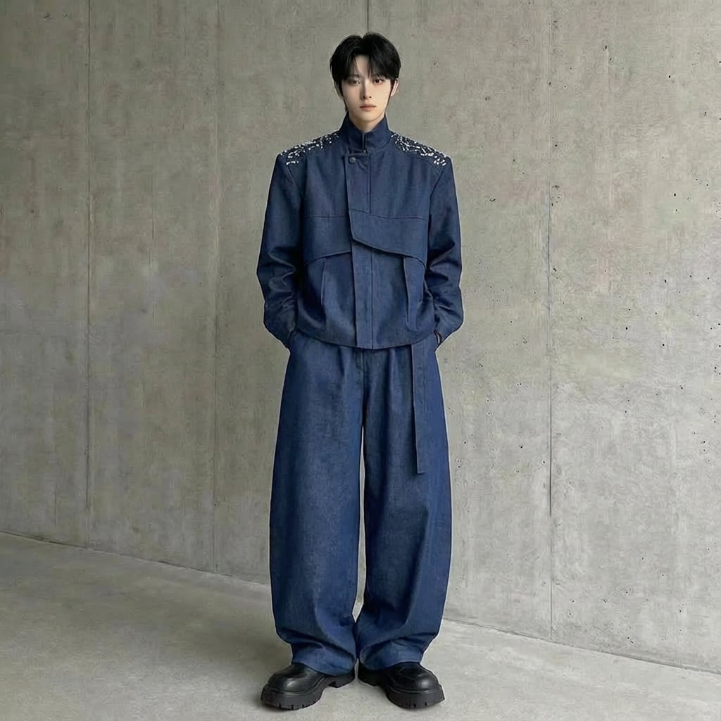 ピン装飾スタンドカラーデニムジャケット&ワイドレッグパンツセットアップ 2カラー D11932