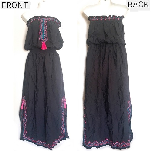 ボヘミアン♡エスニック刺繍 ベアトップ ワンピース (グレー×ネオンピンク)【バリ島直輸入】