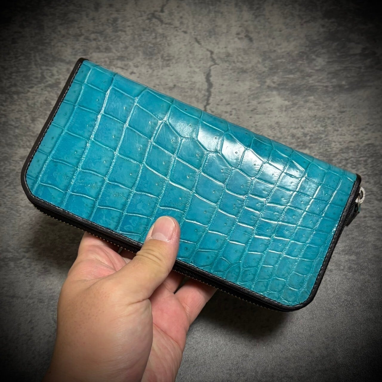 クロコダイル ターコイズブルー 長財布 ラウンドジップ YKKファスナー