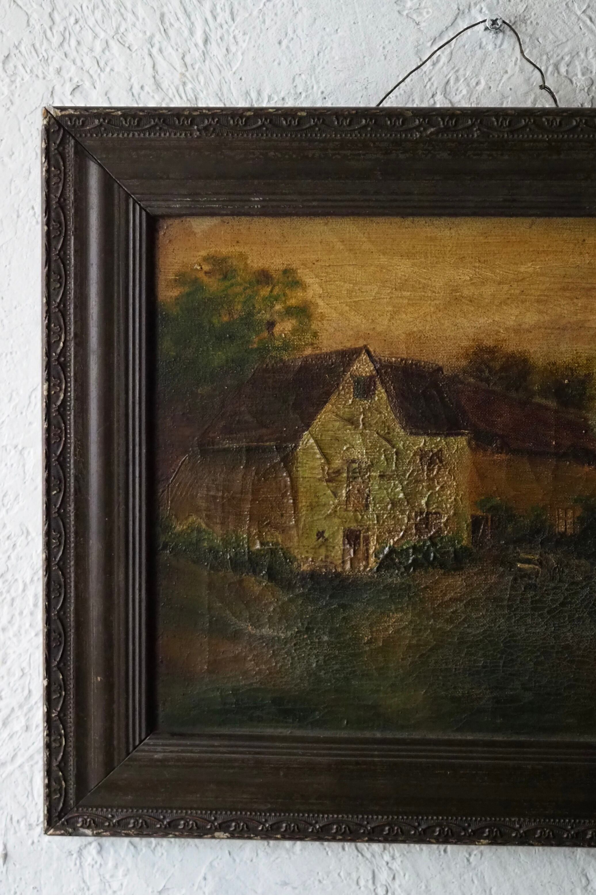 低いトーン 家を描いた油絵-antique oil painting | アンティーク