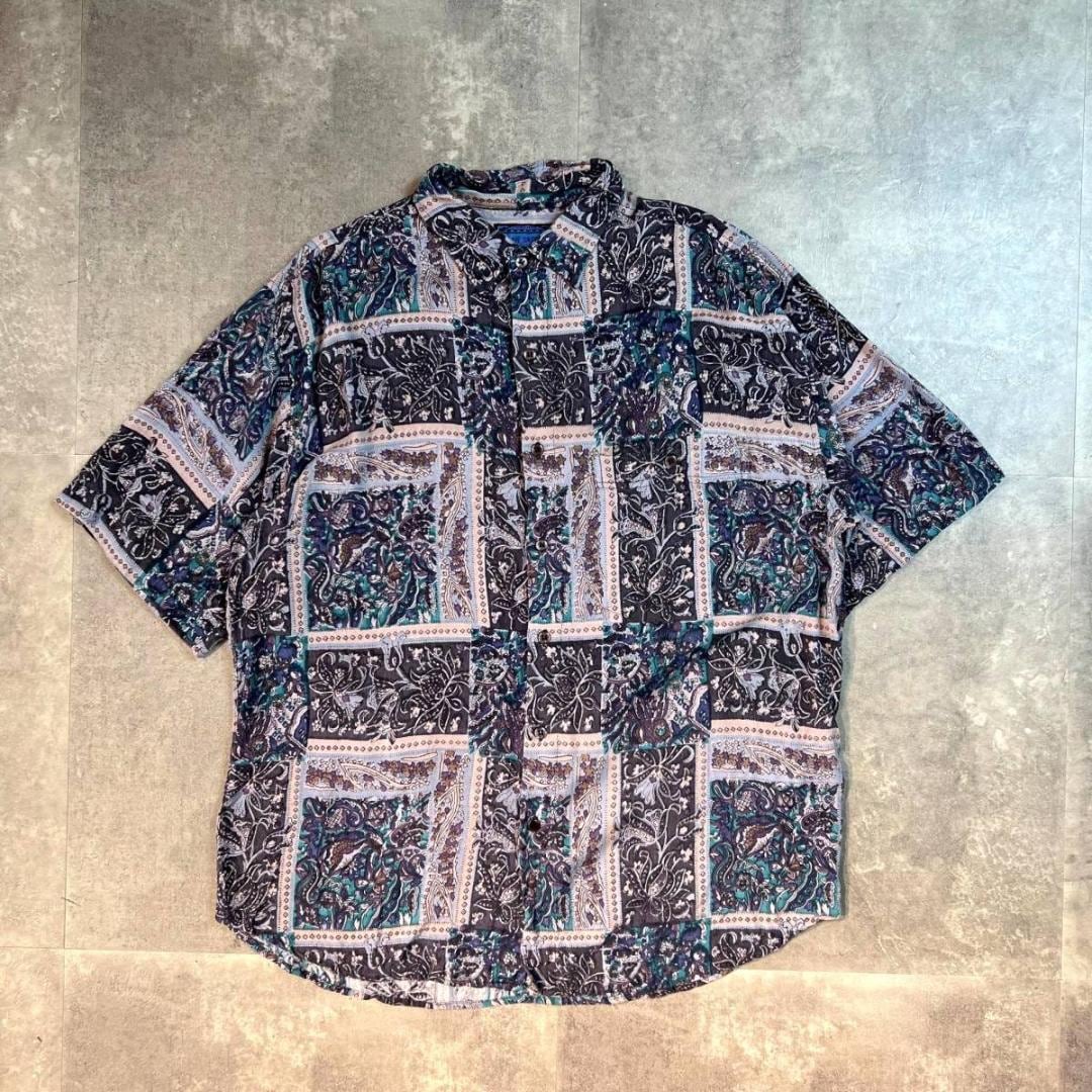 90s Shah Safari ボタニカル柄 半袖シャツ L レーヨンシャツ 柄シャツ 個性的 総柄シャツ アメカジ デザイン古着 グッドレギュラー  アロハシャツ | T.R.O.Y CLOTHING USED ＆　NEW powered by BASE