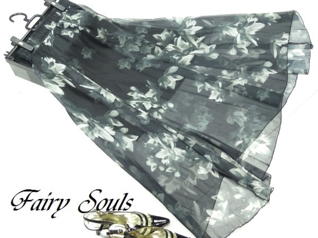 ★送料無料★フリ－（F)☆花柄プリントシフォンフレア－スカ－ト [SKN9623]