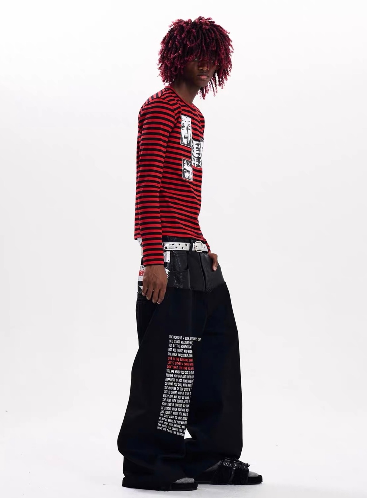 【Fourth3ex】Red Stripe Graphic Long Sleeve T-Shirt
