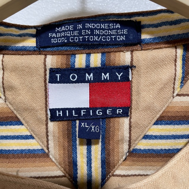 『送料無料』90s Tommyhilfiger ノーカラーマルチストライプシャツ　XL