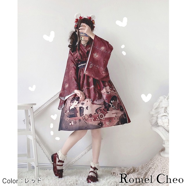 お支払い確認後日以内発送 Romelcheo 和風 ロリータ モダン ワンピース 和ロリ 服 膝丈 ドレス リボン 和柄 プリント フリル プリーツ 九分袖 ロリィタ レディース ゴシック Aライン ハイウエスト コスプレ 大正ロマン レトロ 原宿系 青文字系 ガーリー ファッション
