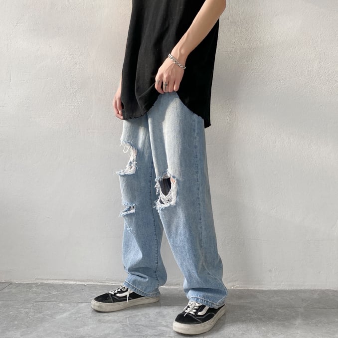送料無料 メンズライク クラッシュワイドデニムパンツ ダメージ加工 ストリート 大学生 高校生 お洒落 韓国 服 夏 カジュアル Quingdom クイングダム 韓国レディースファッション通販