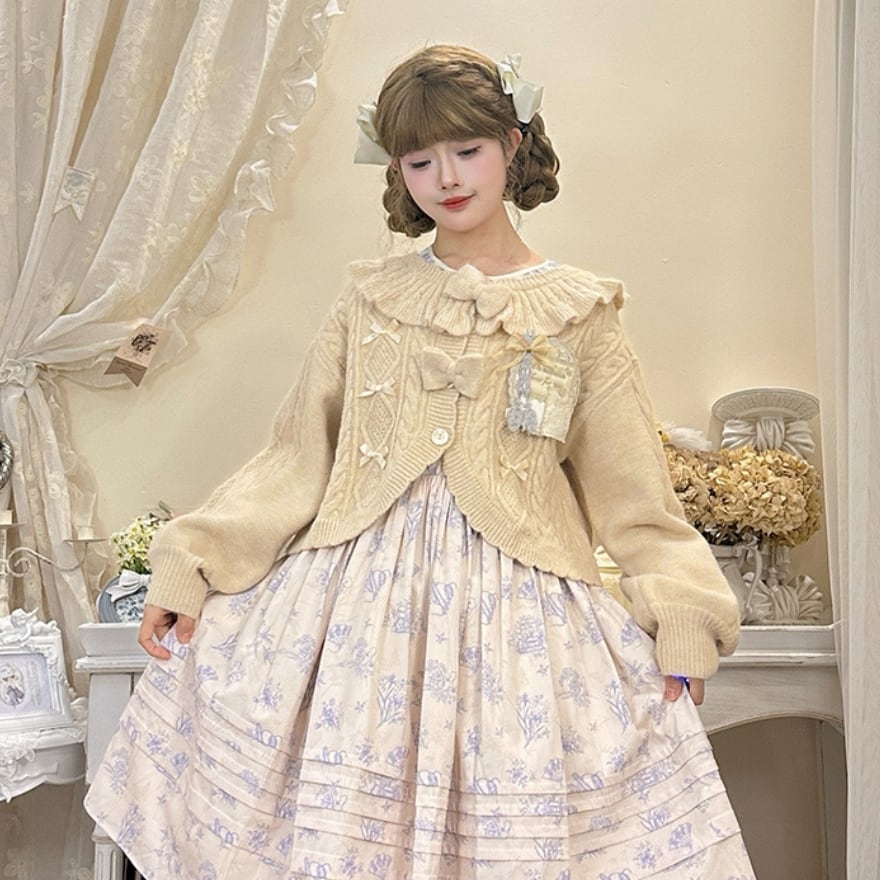 甘いフリルとリボンの魔法|ドールライクな襟付きケーブルニットボレロカーディガン