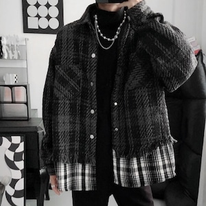 Faux two-piece woven patchwork check jacket(MT1350)