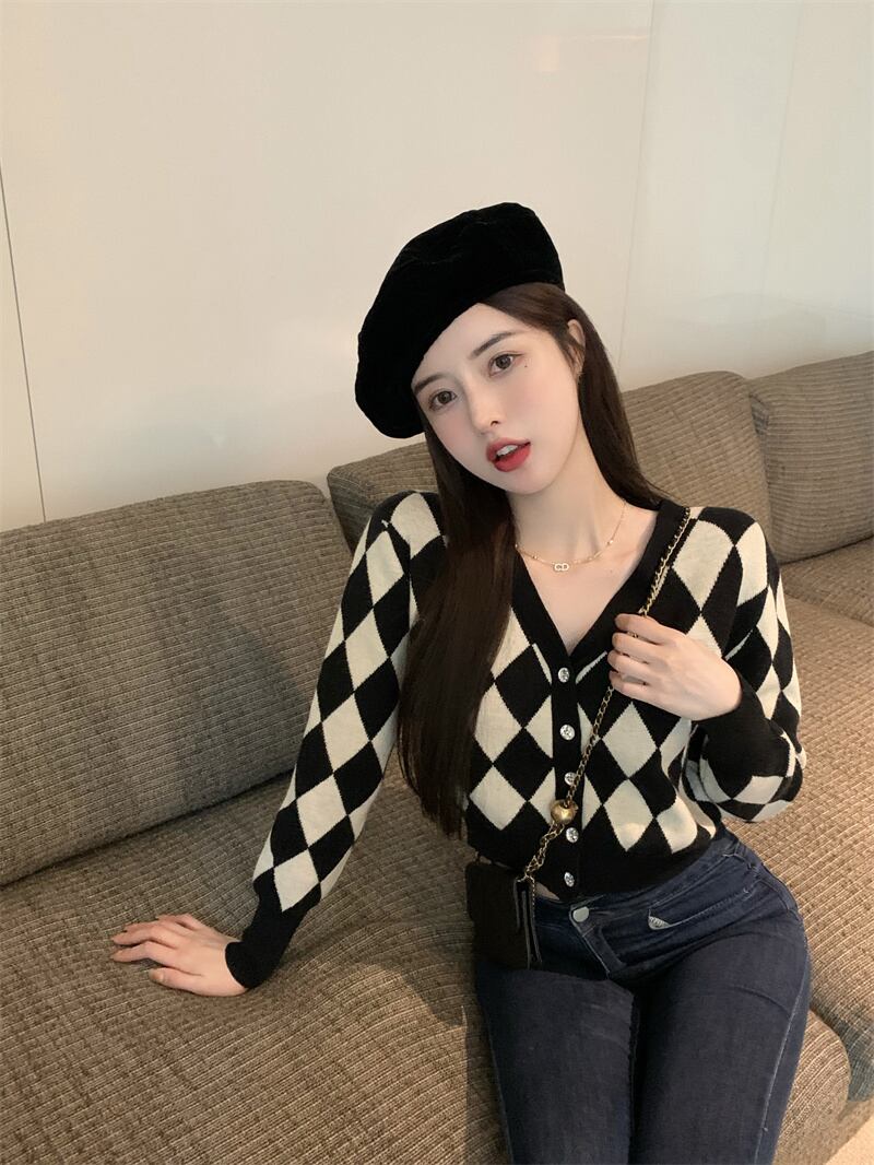 ニットカーディガンジャケット オータムスタイル格子柄セーター ショートVネックトップス ロング 秋物 ブラックストロベリース91956088702