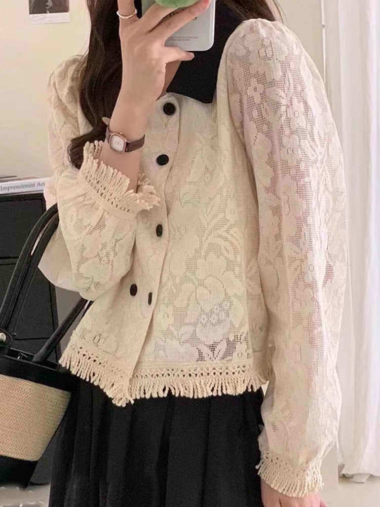 ラッセルレースダブルブレストブラウス フェミニンコーデ ガーリー かわいい 花柄 配色デザイン プチプラ 大きいサイズ 韓国 CH6690