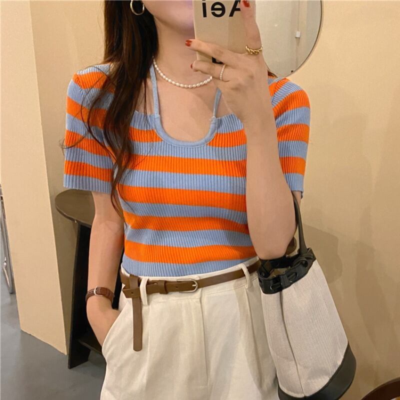 スタイルホルターニットセーター ストライプショートブラウス レディース ハンチェンe2921972782