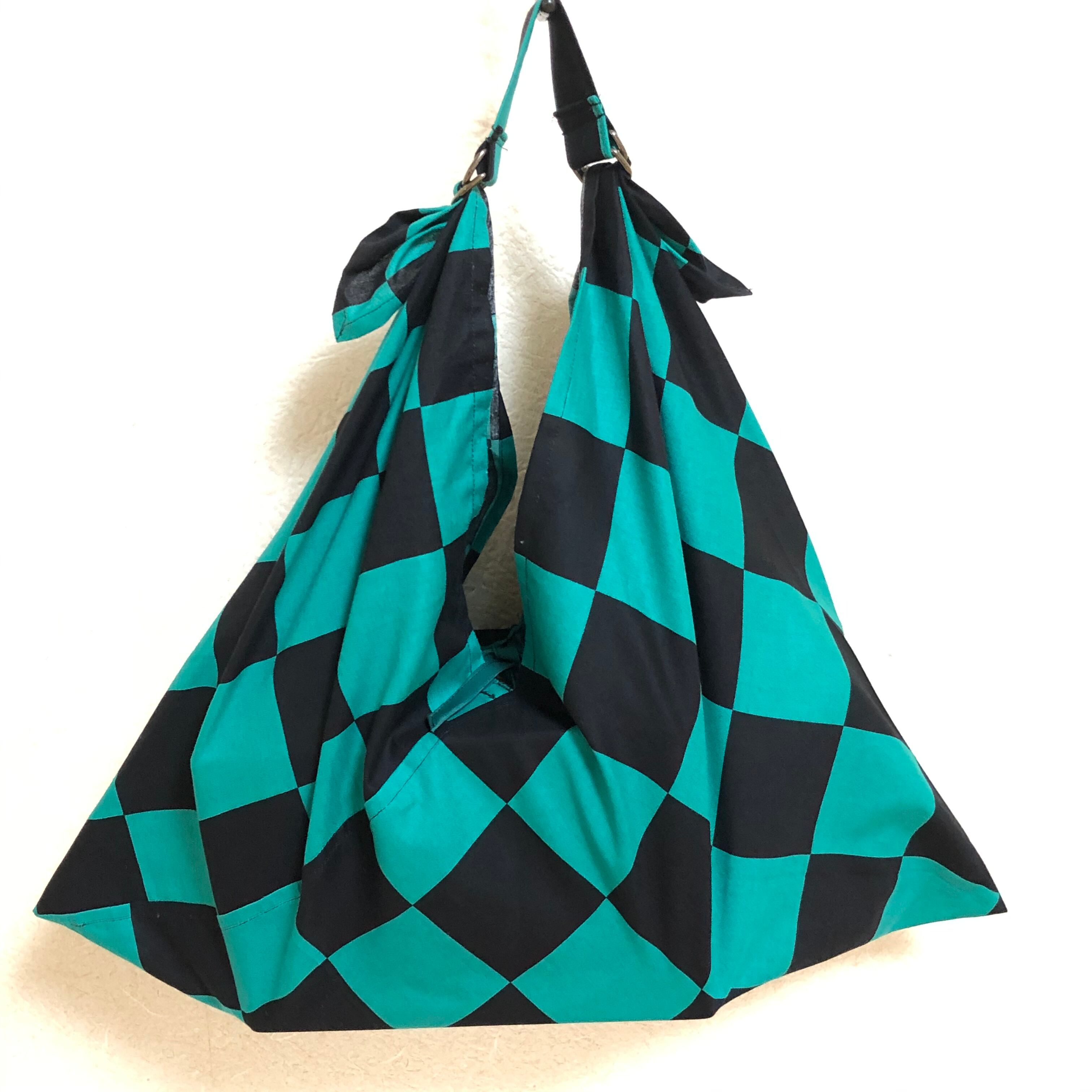 市松) 緑×黒 あずま袋 専用ハンドル付き | KYOKO