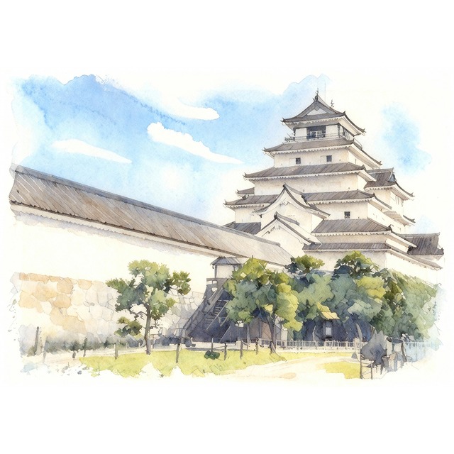 絵画 風景画 日本の城 福島県会津若松城（鶴ヶ城） インテリアアート額付き 水彩画・油絵風 WAT0961