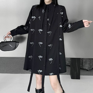 BLACK SEQUINS TRIMMED LONGPOINTED COLLAR MINI SHIRT DRESS 1color M-16077