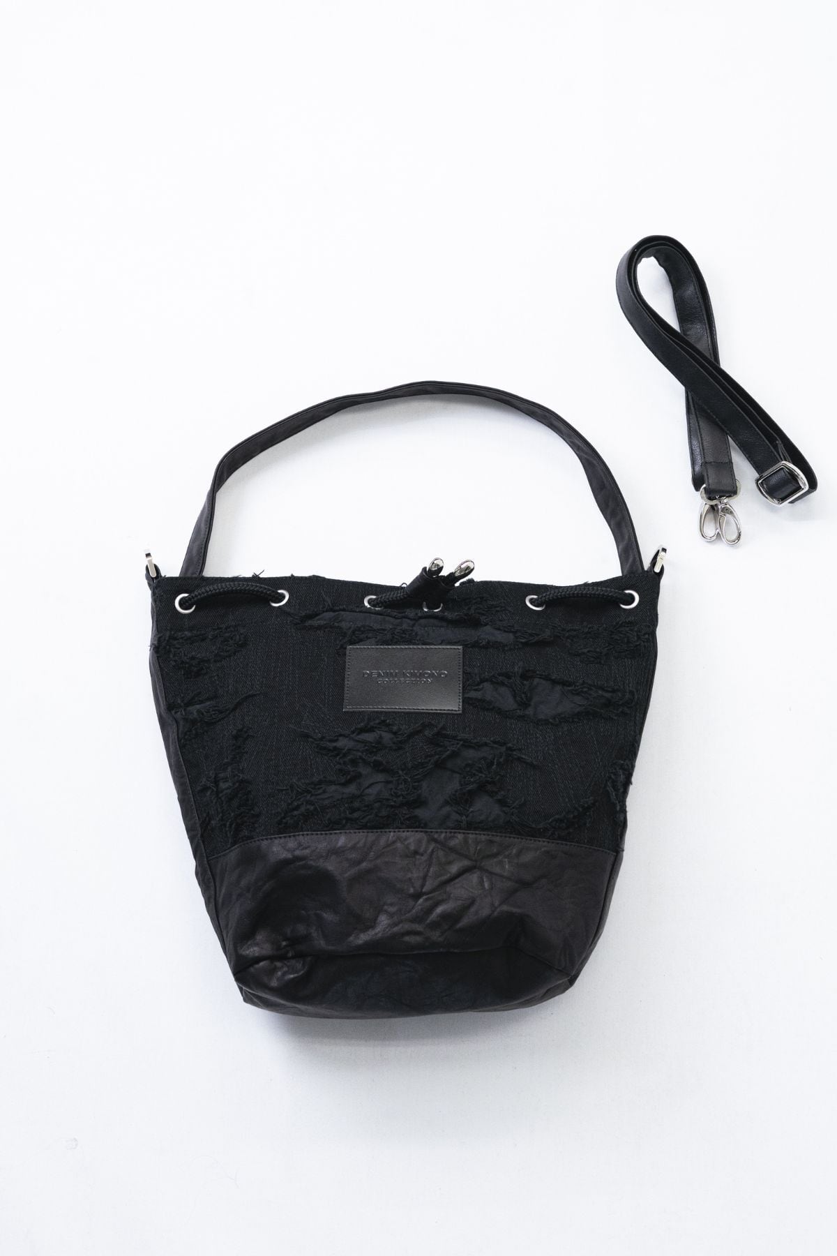 【レア】黒 デニム 巾着バッグ Black Denim Pouch 巾着デニムバッグ-MIMI-【岡山産刺繍デニム×刺子ジャガードデニム