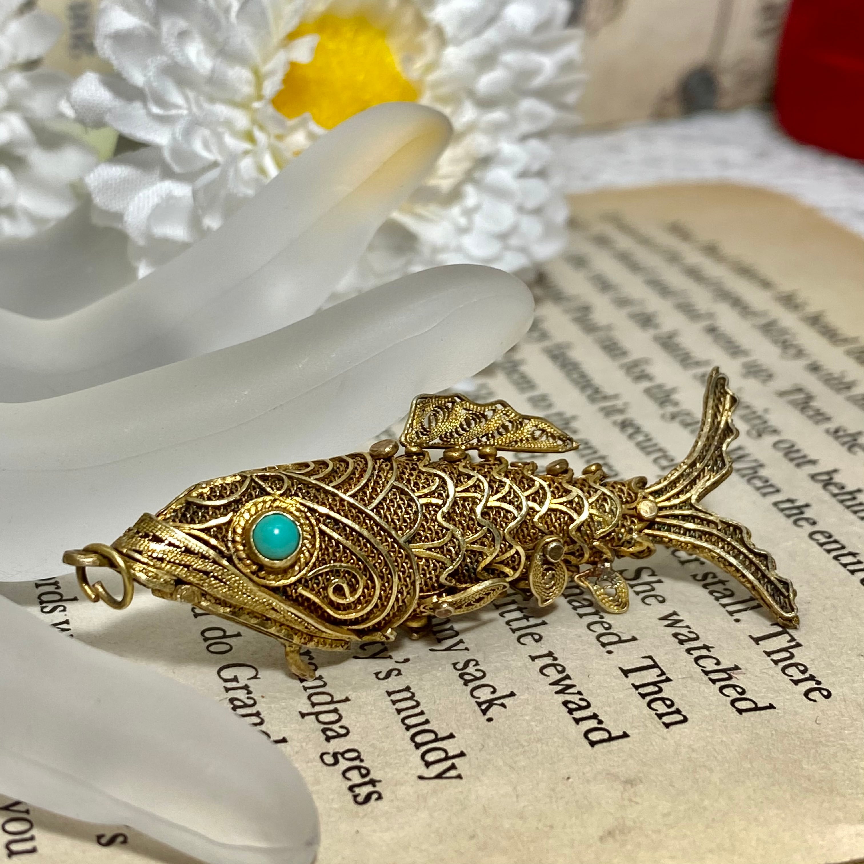 アンティークビンテージフィリグリーネックレストップシルバー刻印魚