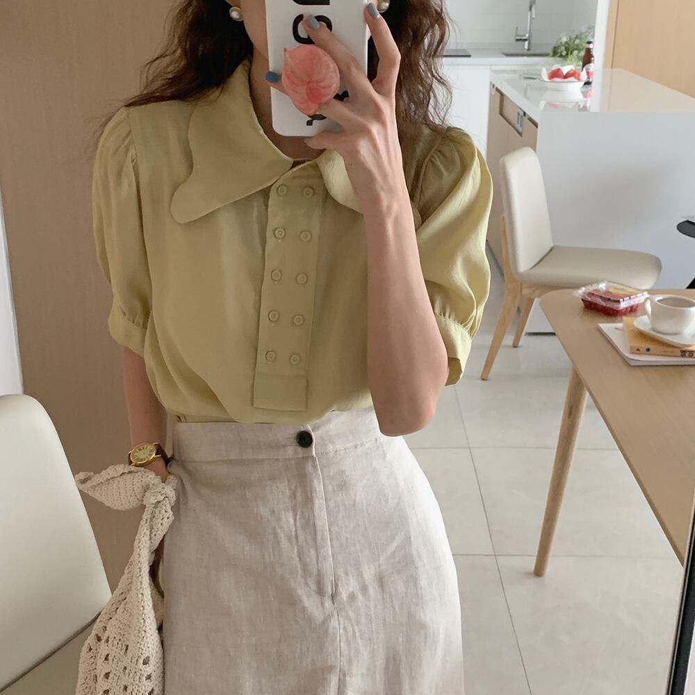 カラースリーブシャツ サマーダブルブレスト薄手半袖トップス ショート ハーフスリーブ 夏物 ビッグFスモールZ韓国41967458350