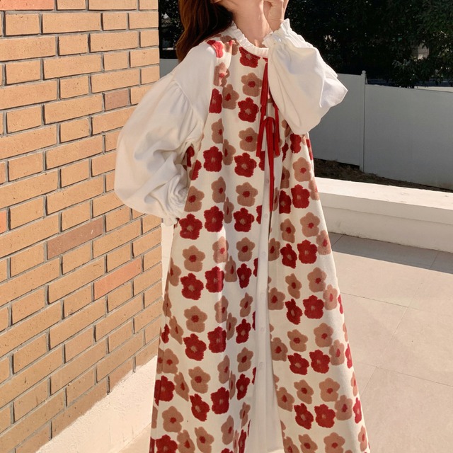 Poppy Pattern Tie-Front Gilet & Frill-Neck Gown Co-ord　S0292