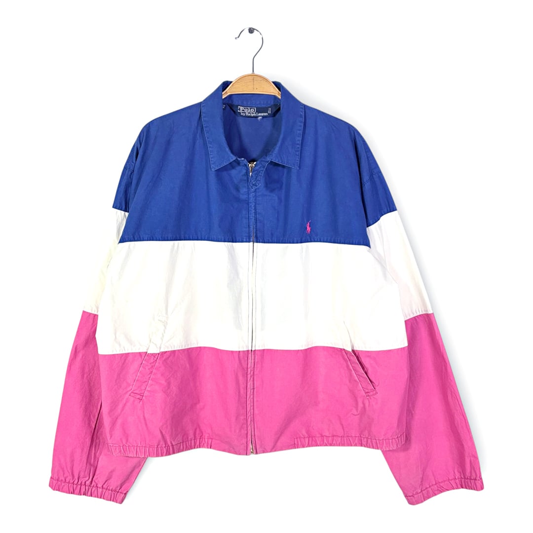 ラルフローレン スウィングトップ ハーリントンジャケット 青白ピンク チンスト POLO RALPH LAUREN サイズL 古着 DZ0774
