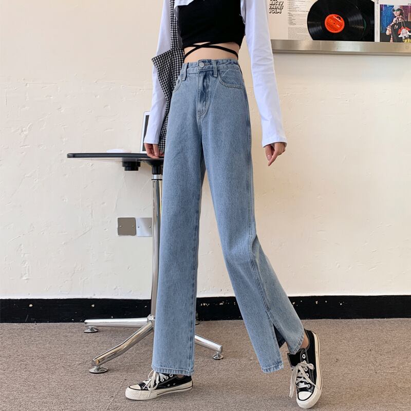 【新作】【送料無料】 2020 新秋スリットストレートジーンズ女性のハイウエストルーズスリムドレープフロアモップパンツ 0354246178011