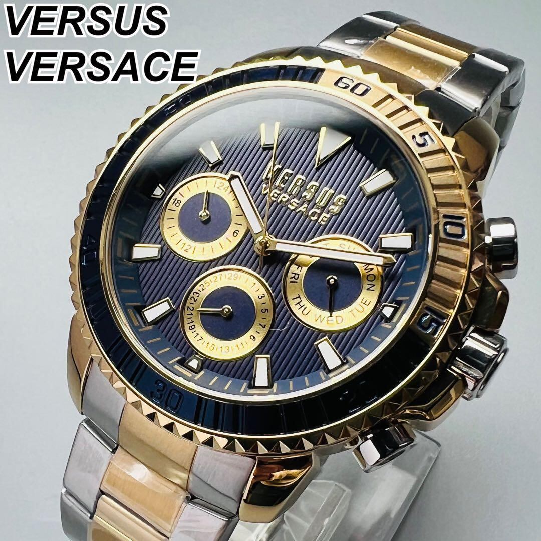 ブルー&ゴールド【新品】ヴェルサス/ヴェルサーチ メンズ クォーツ 腕時計-