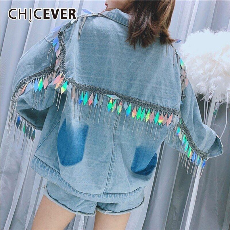 CHICEVERサマーバックスパンコールTelショートレディースデニムコートラペル長袖ポケットボタンルーズスリムジャケット2020 ロング 夏物 6base532647068263