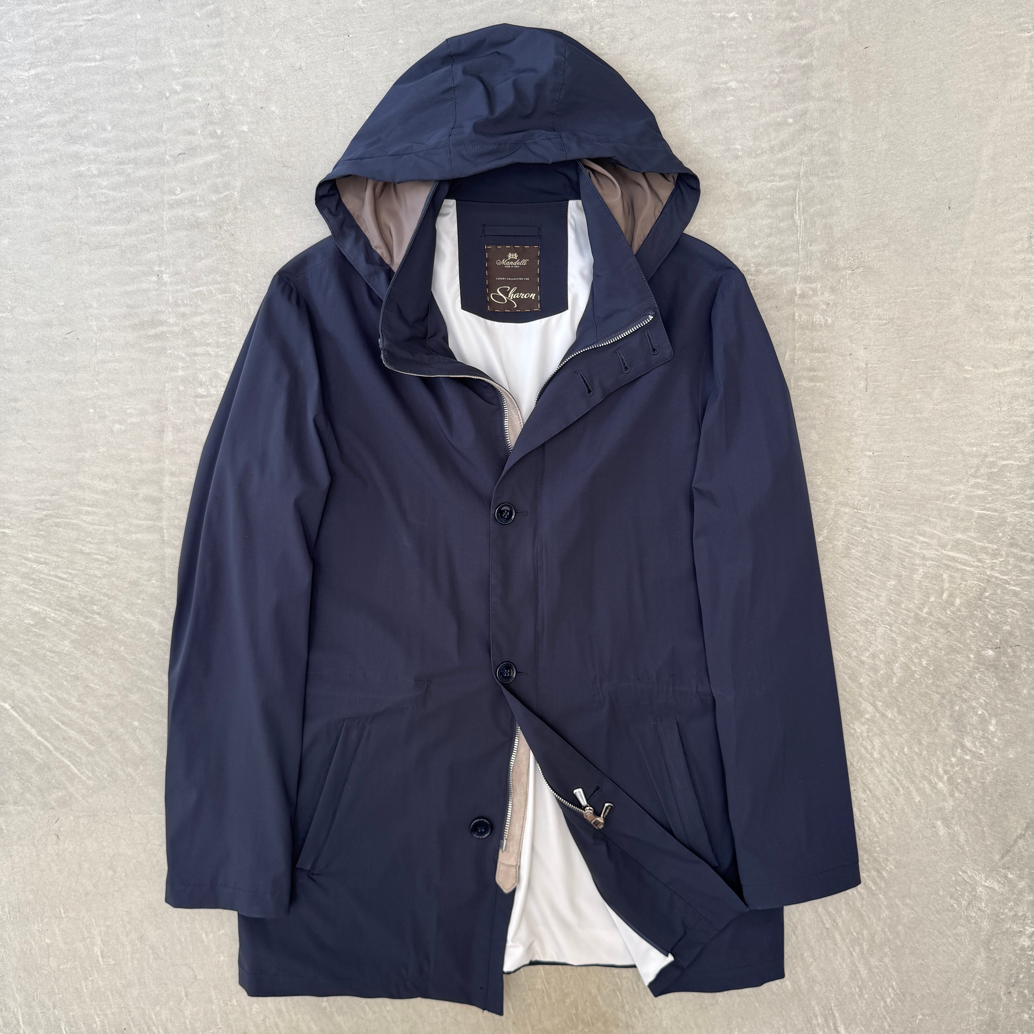 【美品】 エンリコ マンデリ フーデット コート シルク ネイビー 48 ENRICO MANDELLI Silk Hooded Coat Navy 48 | ASSET VINTAGE アセット