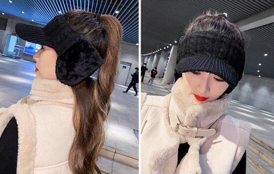 ニットキャップ レディース サンバイザー 耳当て ケーブル編み 帽子