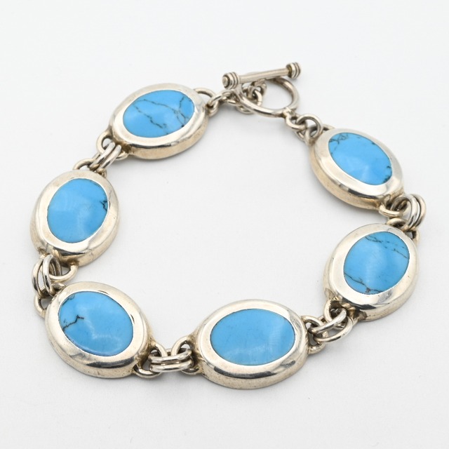 Turquoise Accent Rounded Panel Link Bracelet / Mexico